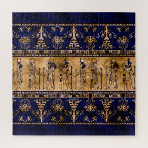 Egyptian Gods and Ornamental border _blue gold Jigsaw Puzzle