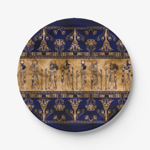 Egyptian Gods and Ornamental border _blue gold Paper Plates