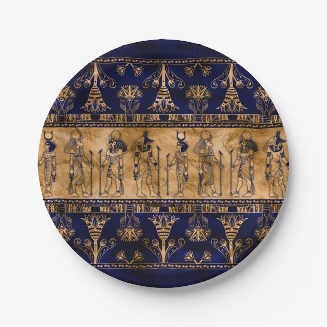 Egyptian Gods and Ornamental border -blue gold Paper Plates (Front)