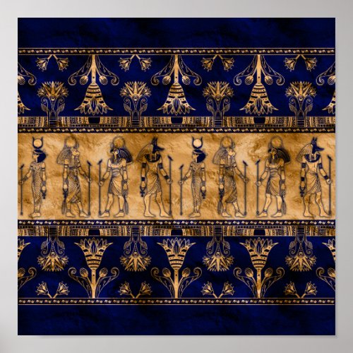 Egyptian Gods and Ornamental border _blue gold Poster