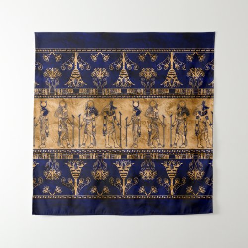 Egyptian Gods and Ornamental border _blue gold Tapestry