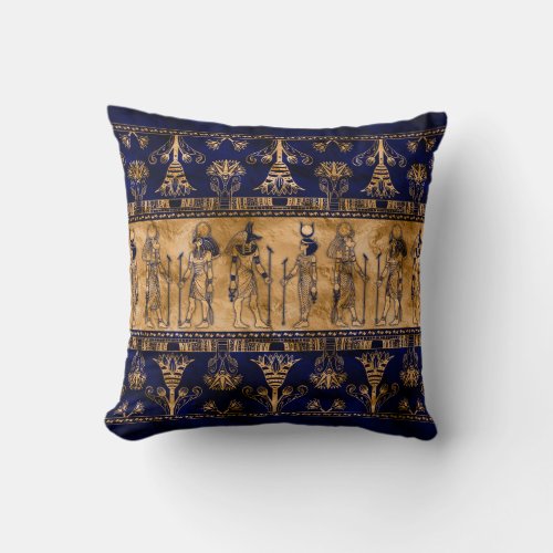 Egyptian Gods and Ornamental border _blue gold Throw Pillow