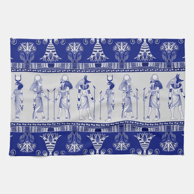 Egyptian Gods and Ornamental border - blue grey Kitchen Towel (Horizontal)