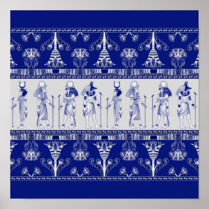 Egyptian Gods and Ornamental border - blue grey Poster