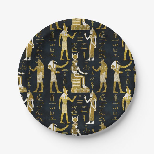 Egyptian Gods Gold and white on dark glass Paper Plates (Front)