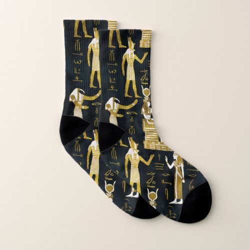 Egyptian Gods Gold and white on dark glass Socks