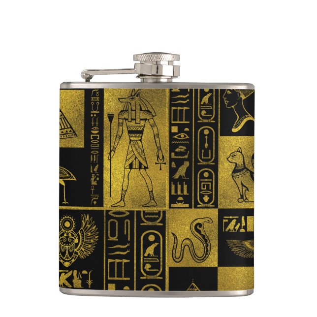 Egyptian  Gold hieroglyphs and symbols collage Flask (Front)
