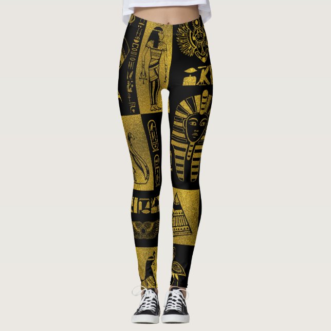 Egyptian  Gold hieroglyphs and symbols collage Leggings (Front)