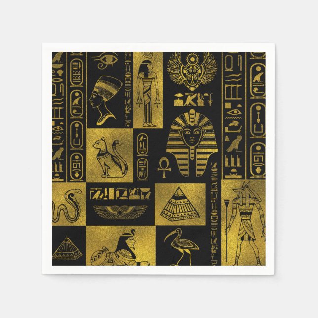 Egyptian  Gold hieroglyphs and symbols collage Paper Napkins (Front)