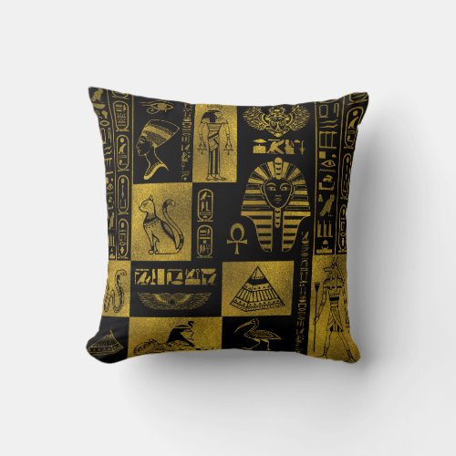 Egyptian  Gold hieroglyphs and symbols collage Throw Pillow