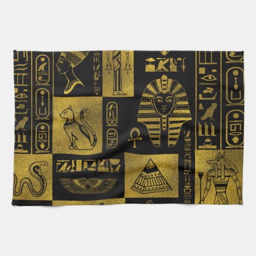 Egyptian  Gold hieroglyphs and symbols collage Towel