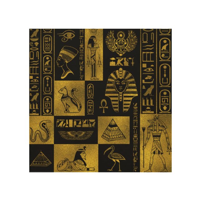 Egyptian  Gold hieroglyphs and symbols collage Wood Wall Decor (Front)