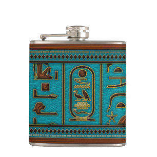 Egyptian Golden Leather hieroglyphs on teal Hip Flask