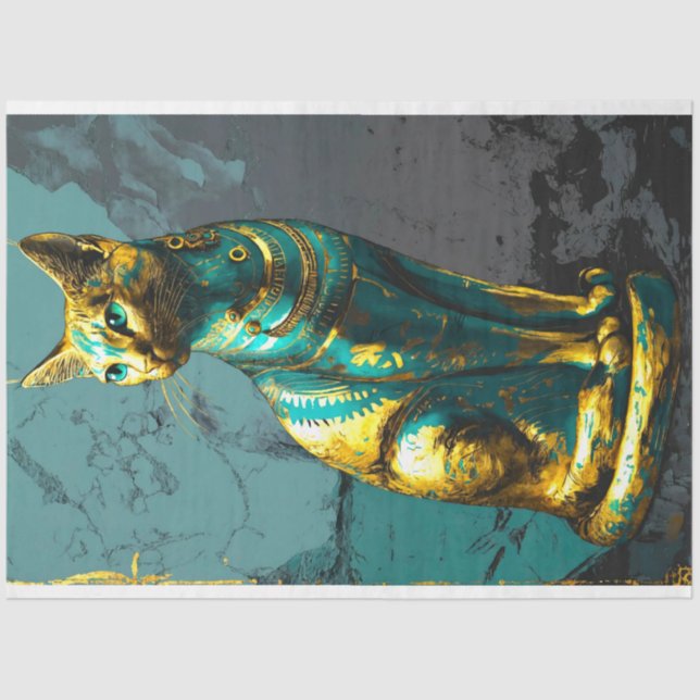 Egyptian Green Gold  Cat Decoupage  Tissue Paper (Front)