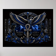 Egyptian Heritage Blue Silver Ankh Wings Wall Art
