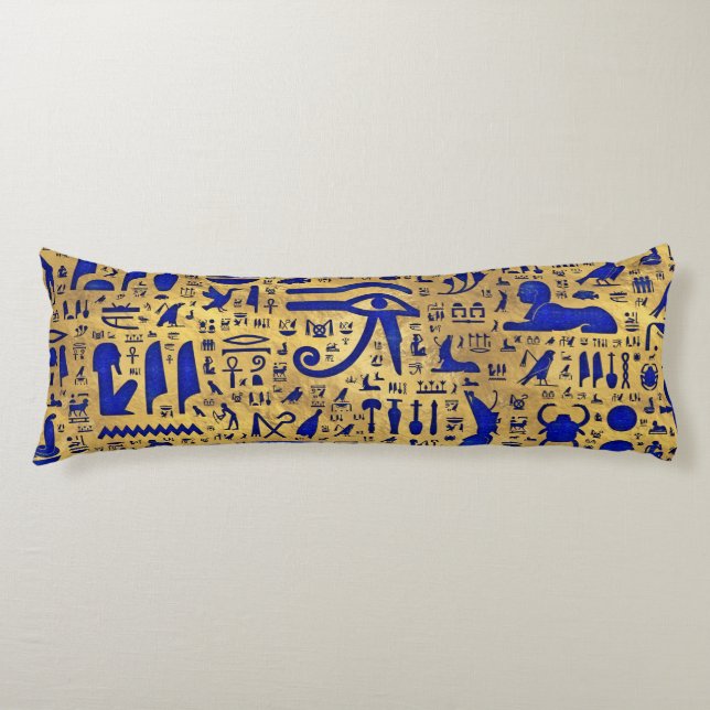 Egyptian hieroglyphic Lapis Lazuli and Gold Body Pillow (Front)