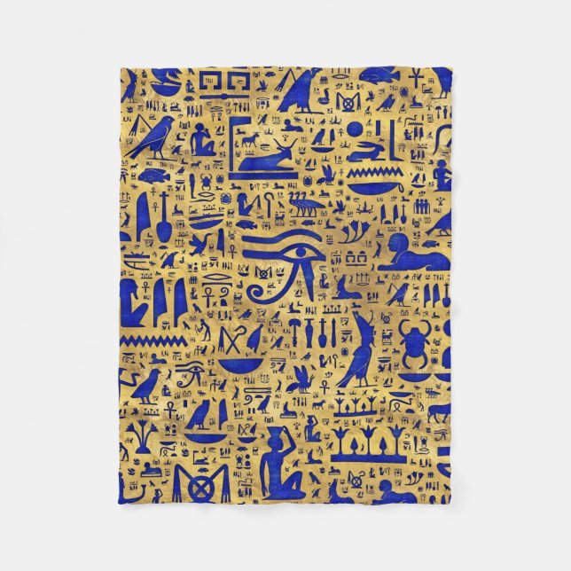Egyptian hieroglyphic Lapis Lazuli and Gold Fleece Blanket (Front)