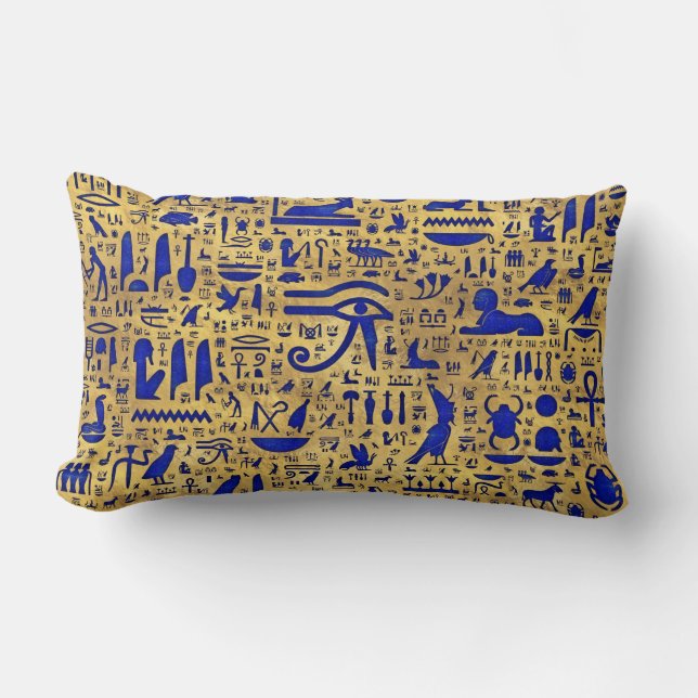 Egyptian hieroglyphic Lapis Lazuli and Gold Lumbar Pillow (Front)