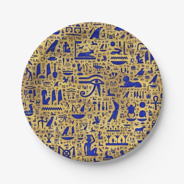 Egyptian hieroglyphic Lapis Lazuli and Gold Paper Plates (Front)