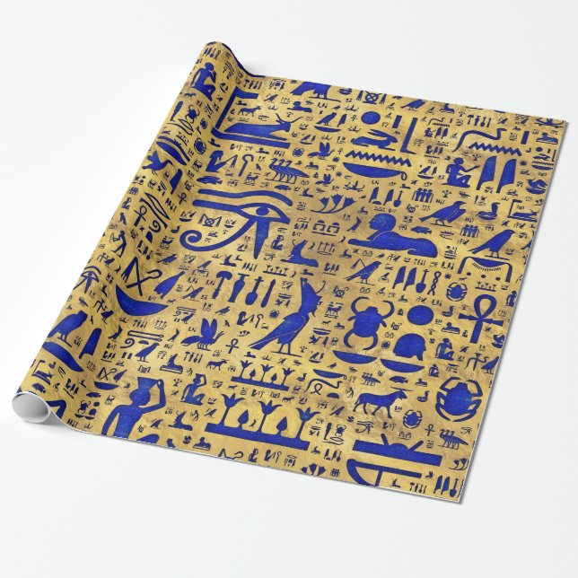 Egyptian hieroglyphic Lapis Lazuli and Gold Wrapping Paper (Unrolled)