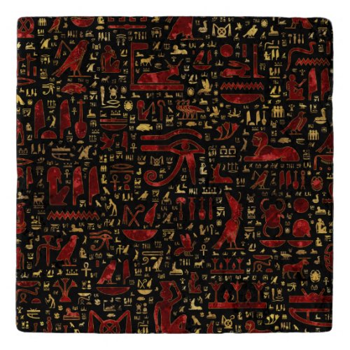 Egyptian hieroglyphic pattern Red Marble and Gold Trivet