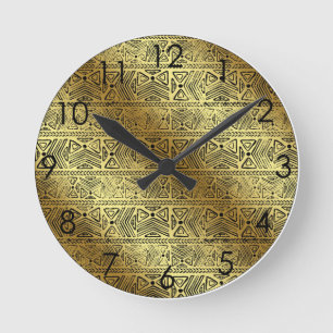 Egyptian Hieroglyphics Gold Black Round Clock