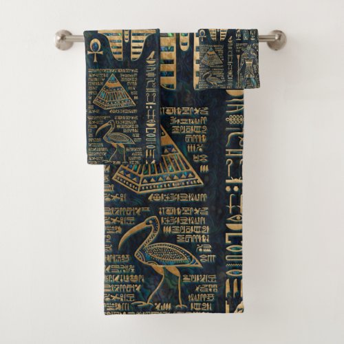 Egyptian hieroglyphs and deities _Abalone and gold Bath Towel Set
