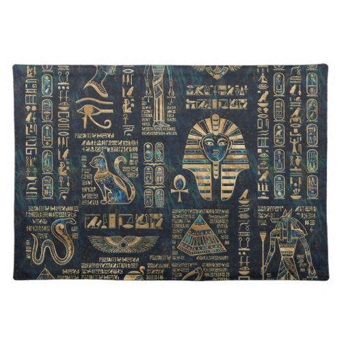 Egyptian hieroglyphs and deities _Abalone and gold Cloth Placemat