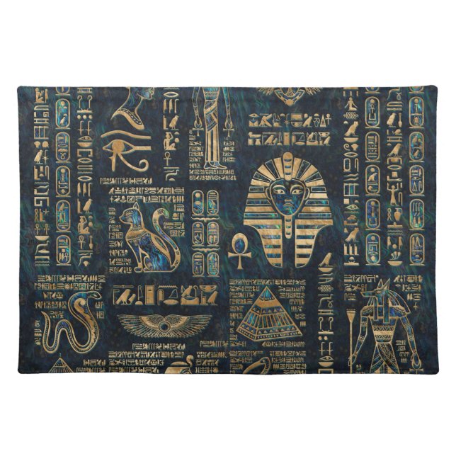 Egyptian hieroglyphs and deities -Abalone and gold Cloth Placemat (Front)