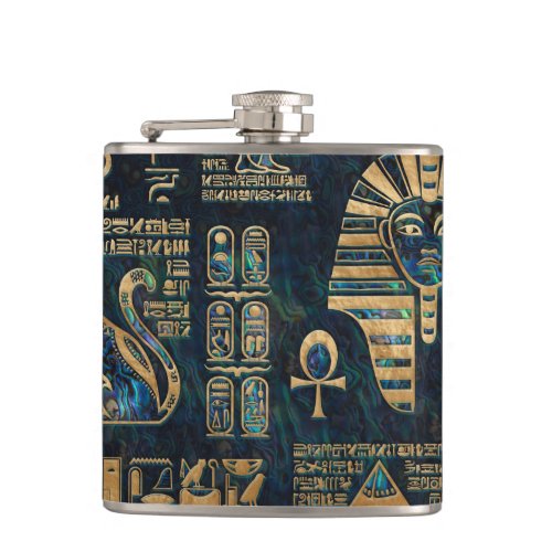 Egyptian hieroglyphs and deities _Abalone and gold Flask