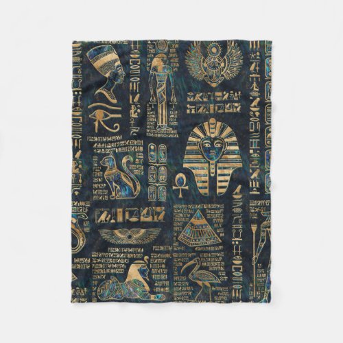 Egyptian hieroglyphs and deities _Abalone and gold Fleece Blanket