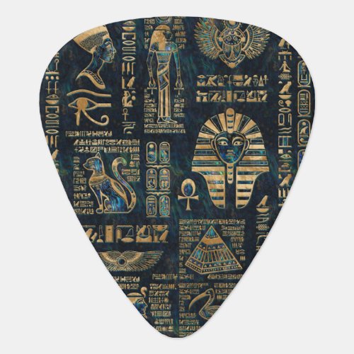 Egyptian hieroglyphs and deities _Abalone and gold Guitar Pick