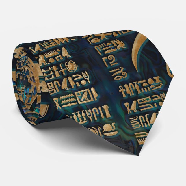 Egyptian hieroglyphs and deities -Abalone and gold Neck Tie (Rolled)