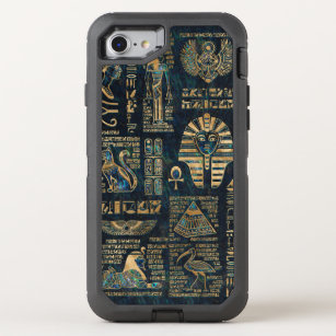 Egyptian hieroglyphs and deities -Abalone and gold OtterBox Defender iPhone SE/8/7 Case