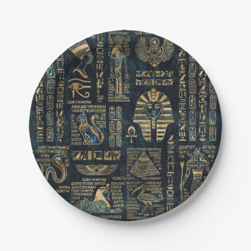 Egyptian hieroglyphs and deities _Abalone and gold Paper Plates