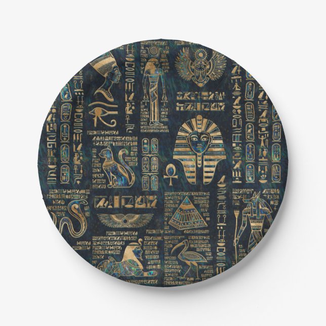 Egyptian hieroglyphs and deities -Abalone and gold Paper Plates (Front)