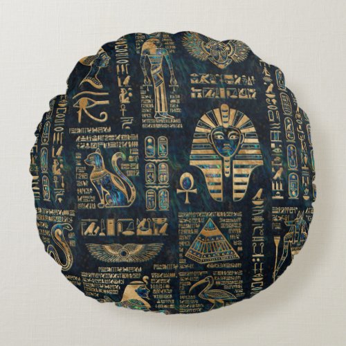 Egyptian hieroglyphs and deities _Abalone and gold Round Pillow