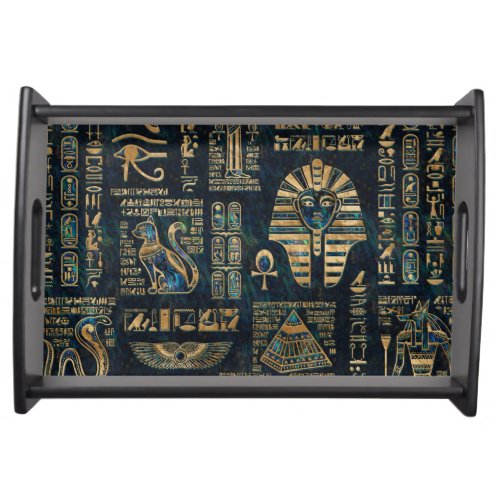 Egyptian hieroglyphs and deities _Abalone and gold Serving Tray