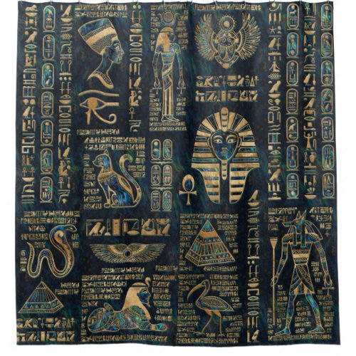 Egyptian hieroglyphs and deities _Abalone and gold Shower Curtain