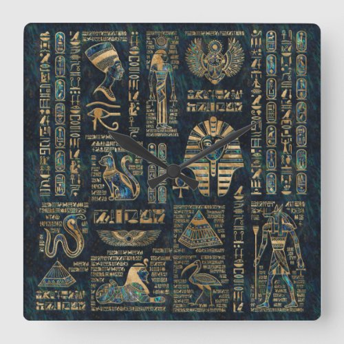 Egyptian hieroglyphs and deities _Abalone and gold Square Wall Clock