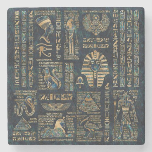 Egyptian hieroglyphs and deities _Abalone and gold Stone Coaster