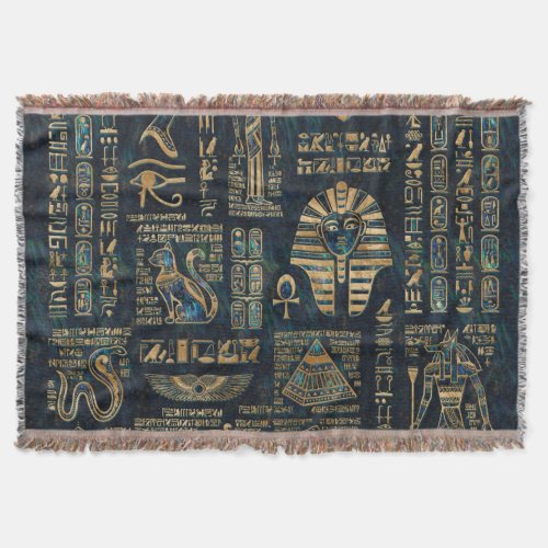 Egyptian hieroglyphs and deities _Abalone and gold Throw Blanket