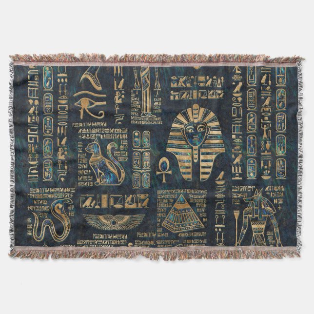 Egyptian hieroglyphs and deities -Abalone and gold Throw Blanket (Front)