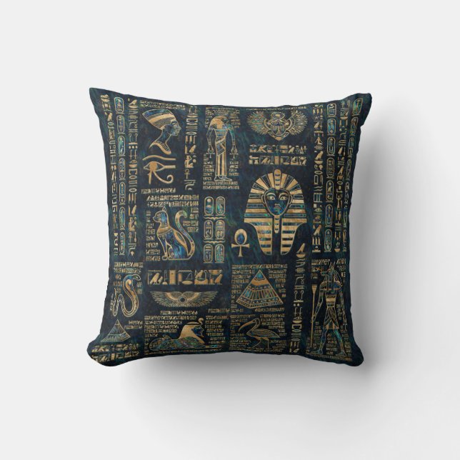 Egyptian hieroglyphs and deities -Abalone and gold Throw Pillow (Front)