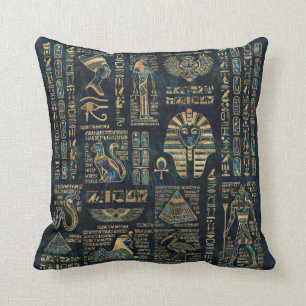 Egyptian hieroglyphs and deities -Abalone and gold Throw Pillow