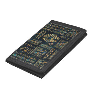 Egyptian hieroglyphs and deities -Abalone and gold Tri-fold Wallet