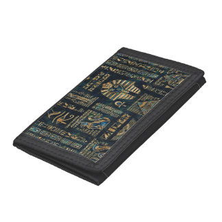 Egyptian hieroglyphs and deities -Abalone and gold Tri-fold Wallet