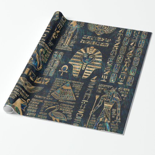 Egyptian hieroglyphs and deities _Abalone and gold Wrapping Paper