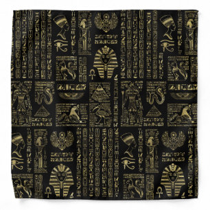 Egyptian hieroglyphs and deities gold on black bandana