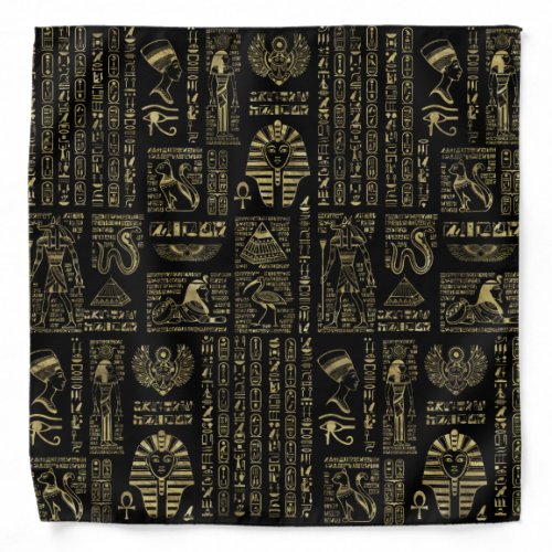 Egyptian hieroglyphs and deities gold on black bandana